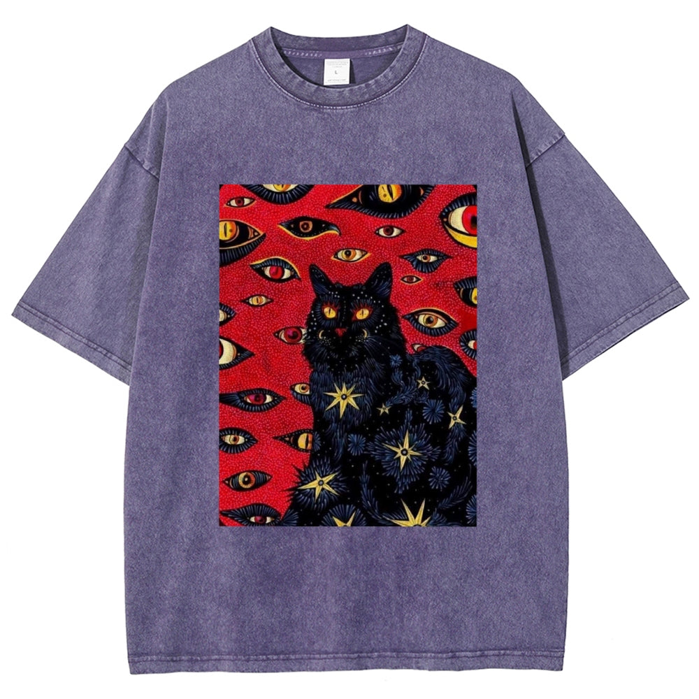 Unisex Abstract Eyes Cat Printed Washed Tee