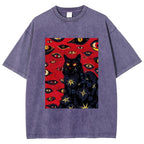 Unisex Abstract Eyes Cat Printed Washed Tee