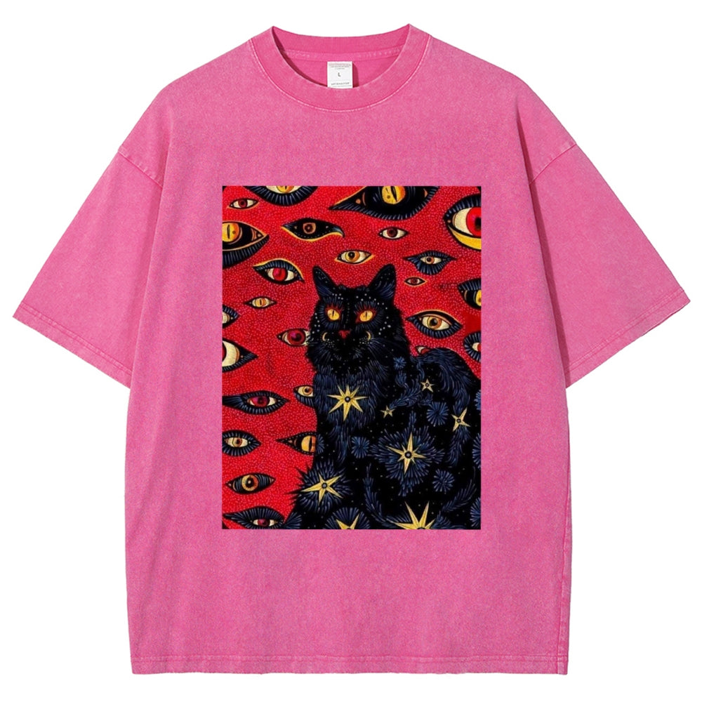 Unisex Abstract Eyes Cat Printed Washed Tee