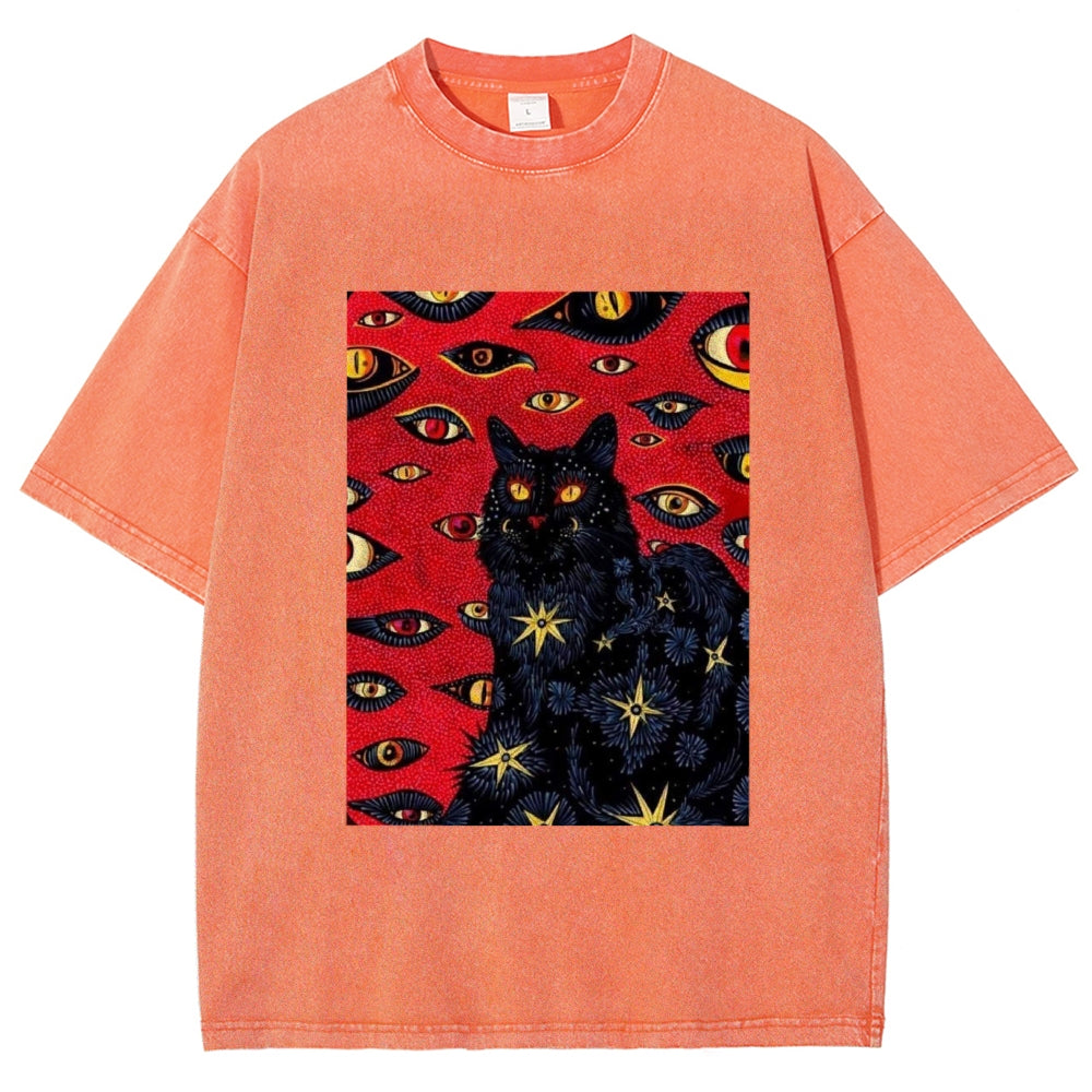 Unisex Abstract Eyes Cat Printed Washed Tee
