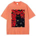 Unisex Abstract Eyes Cat Printed Washed Tee