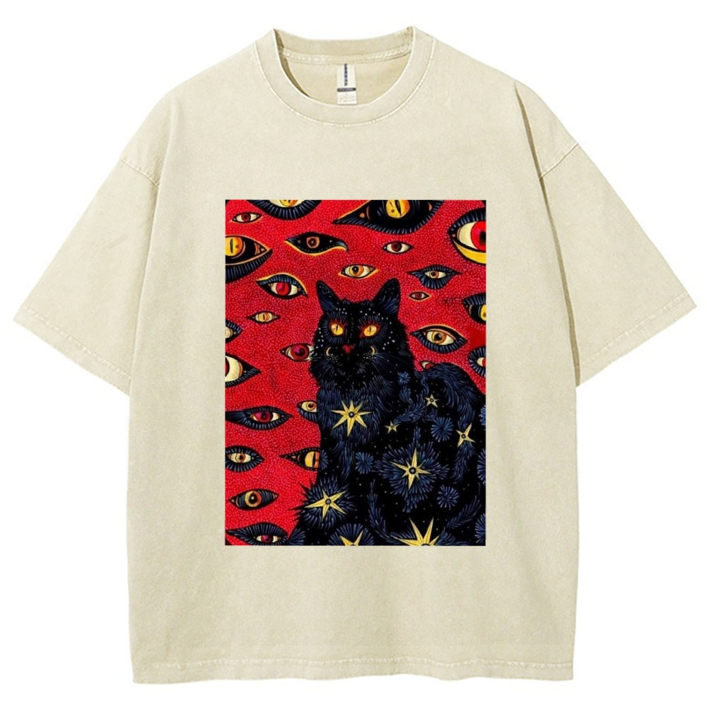 Unisex Abstract Eyes Cat Printed Washed Tee