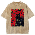 Unisex Abstract Eyes Cat Printed Washed Tee