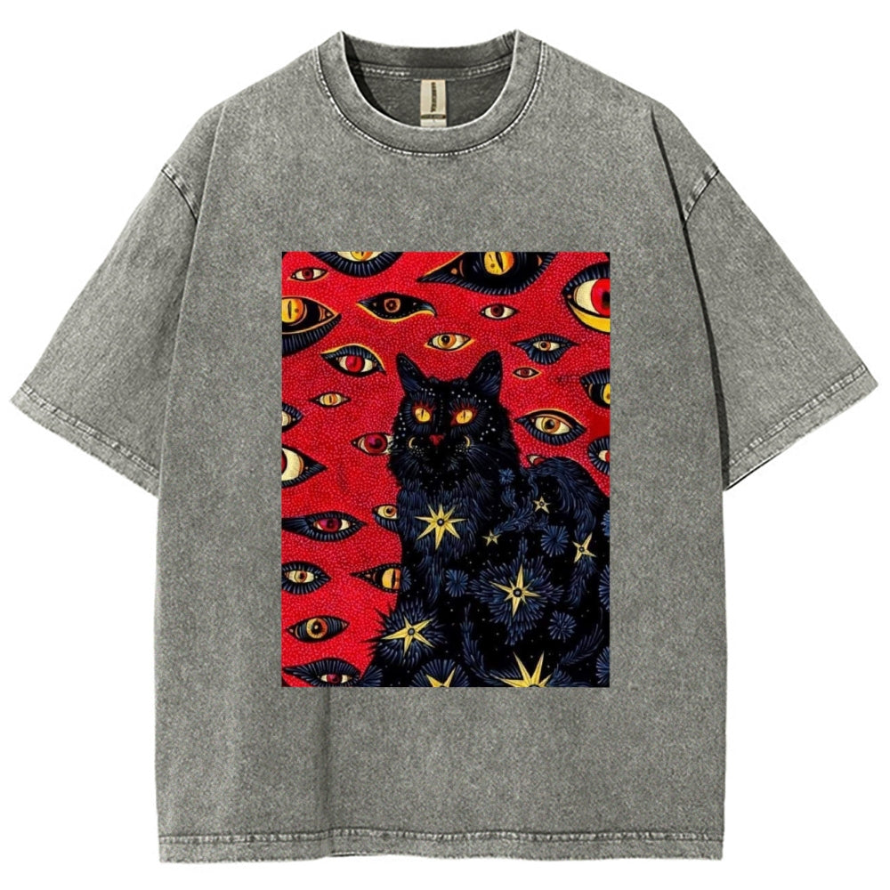 Unisex Abstract Eyes Cat Printed Washed Tee
