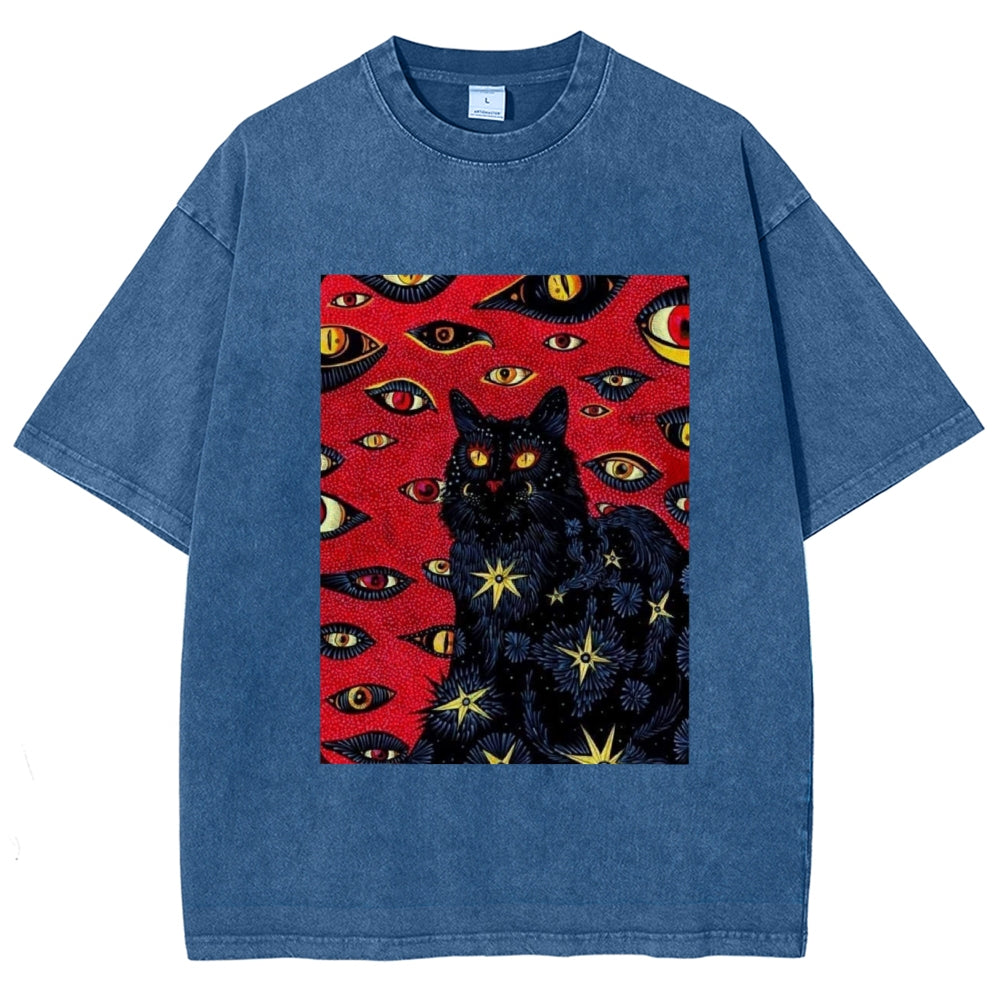 Unisex Abstract Eyes Cat Printed Washed Tee