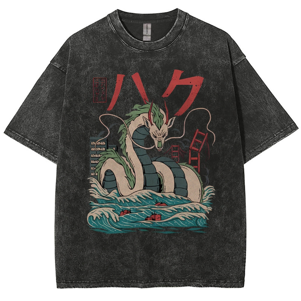 Unisex Dragon Printed Washed Tee