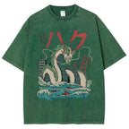 Unisex Dragon Printed Washed Tee