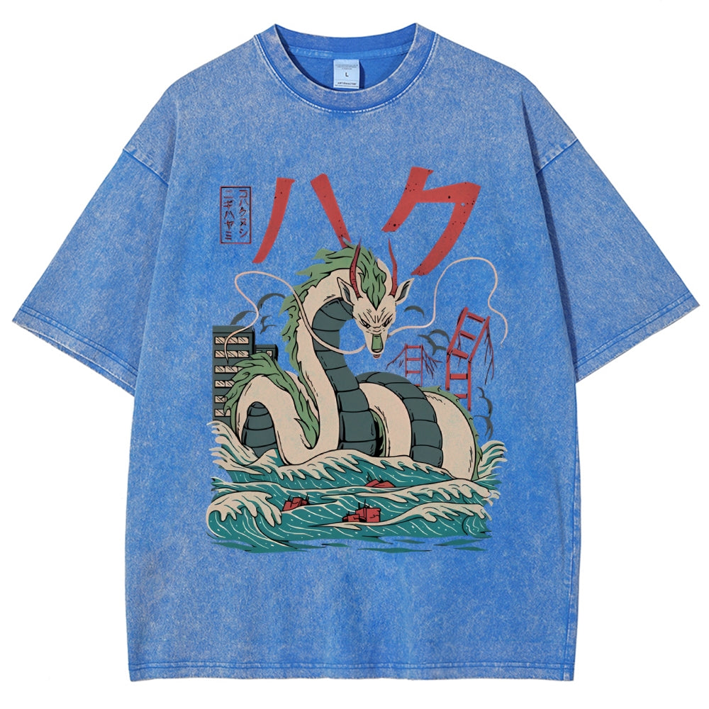 Unisex Dragon Printed Washed Tee
