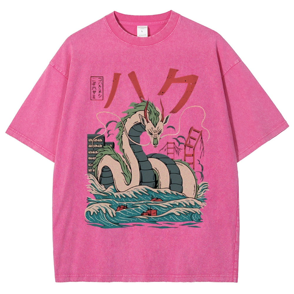 Unisex Dragon Printed Washed Tee