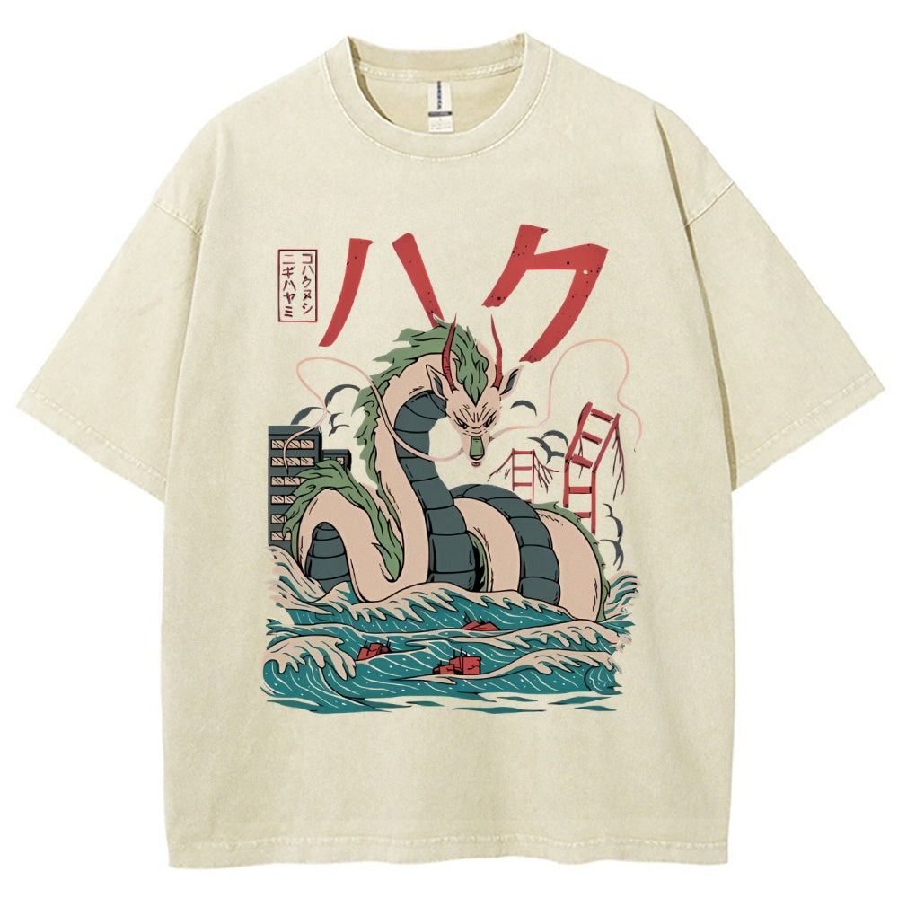 Unisex Dragon Printed Washed Tee
