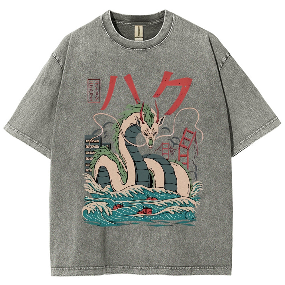 Unisex Dragon Printed Washed Tee