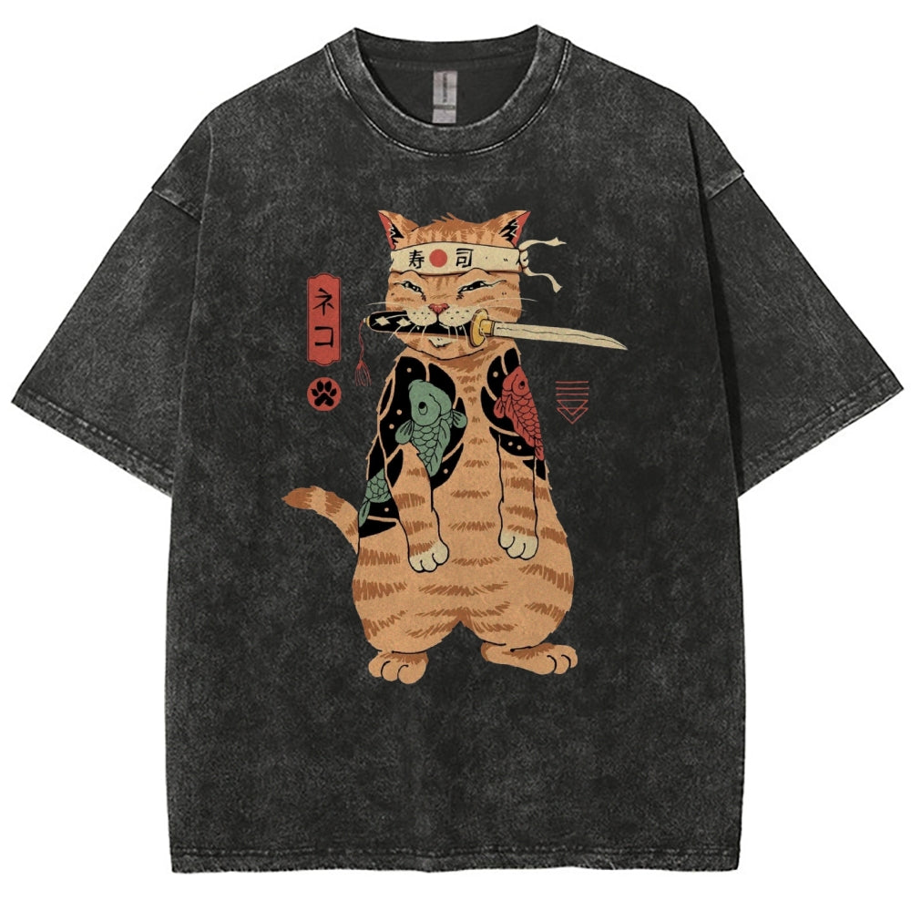 Unisex Sushi Cat Printed Washed Tee