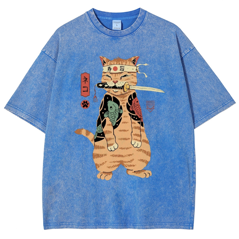 Unisex Sushi Cat Printed Washed Tee