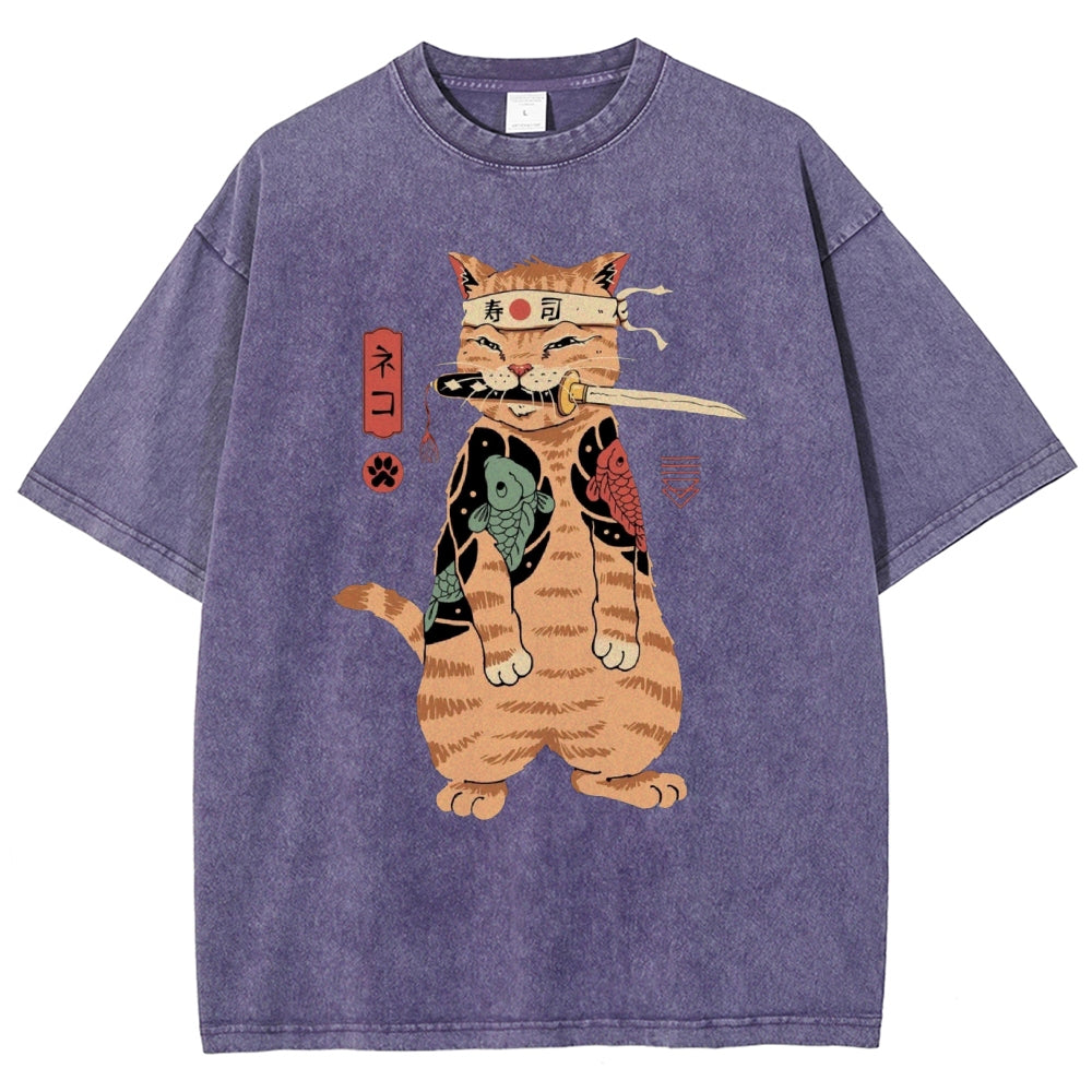 Unisex Sushi Cat Printed Washed Tee