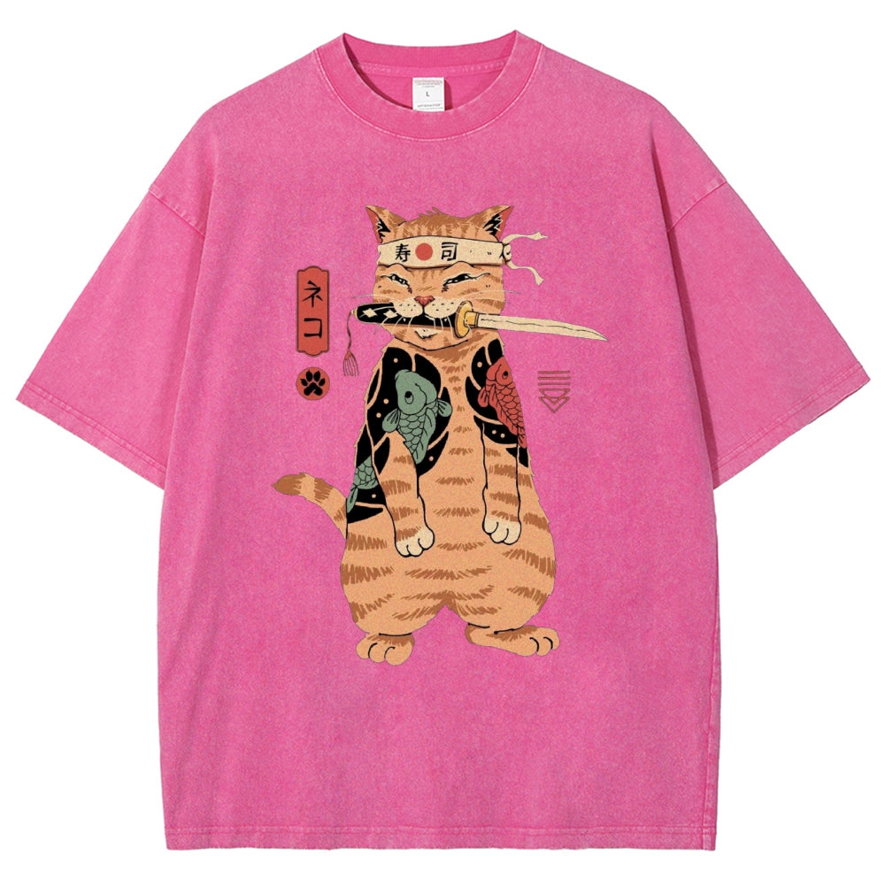 Unisex Sushi Cat Printed Washed Tee