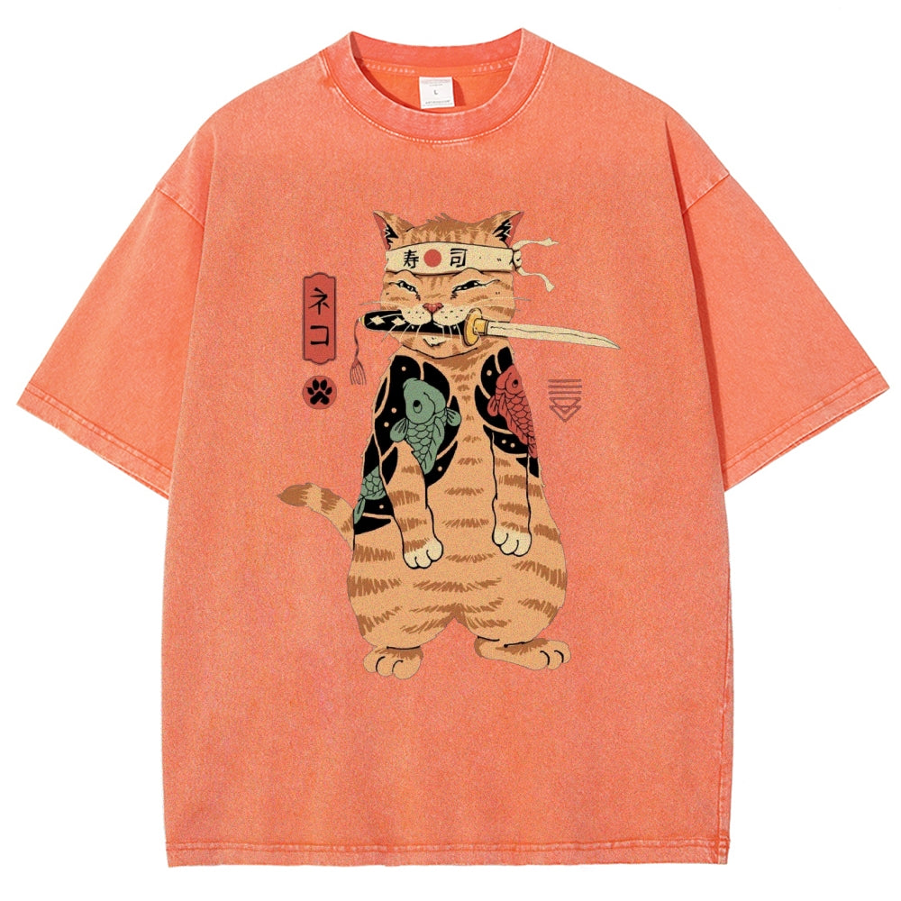 Unisex Sushi Cat Printed Washed Tee