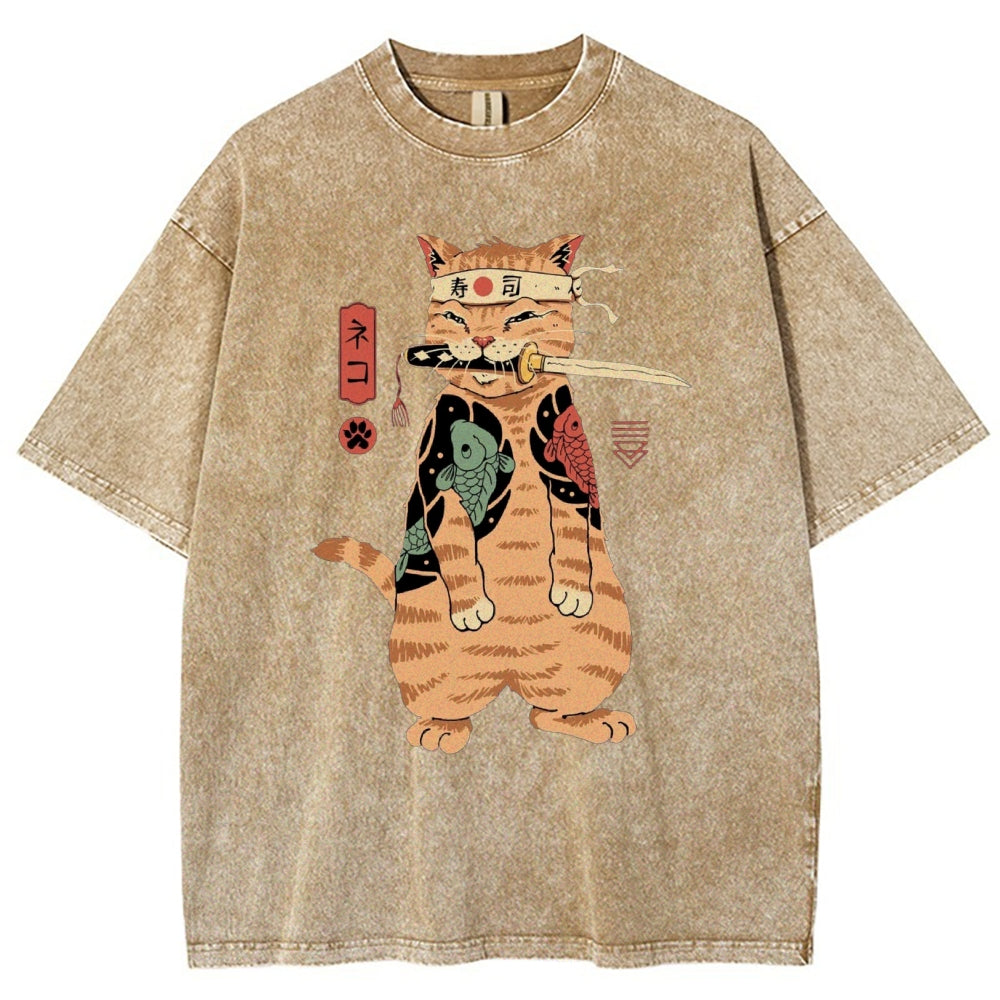 Unisex Sushi Cat Printed Washed Tee