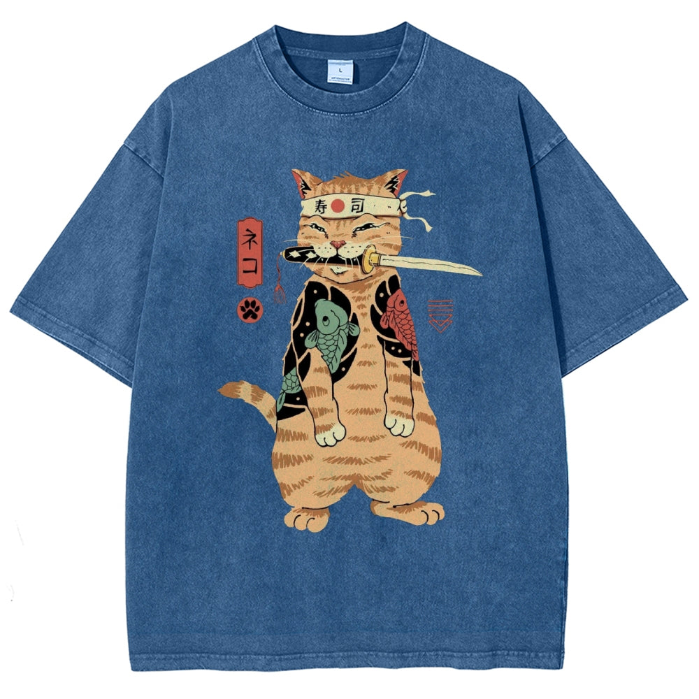 Unisex Sushi Cat Printed Washed Tee