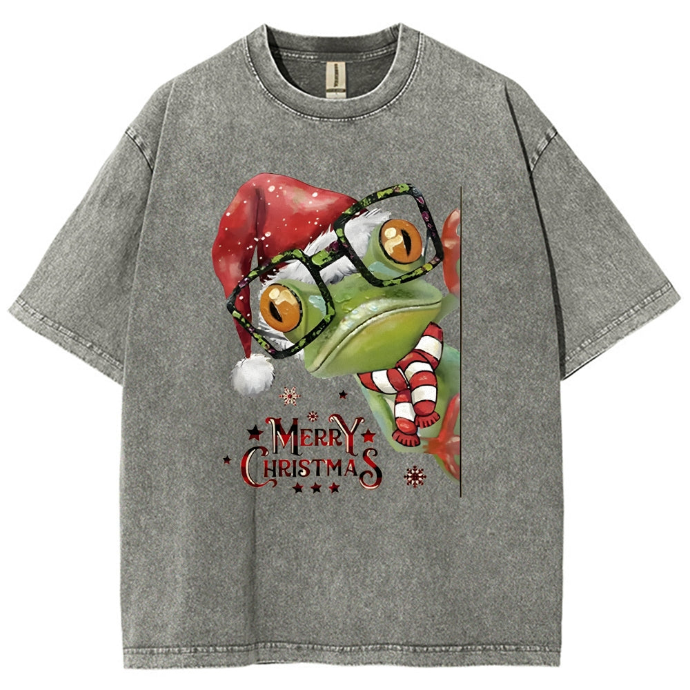 Unisex Christmas Frog Printed Washed Tee