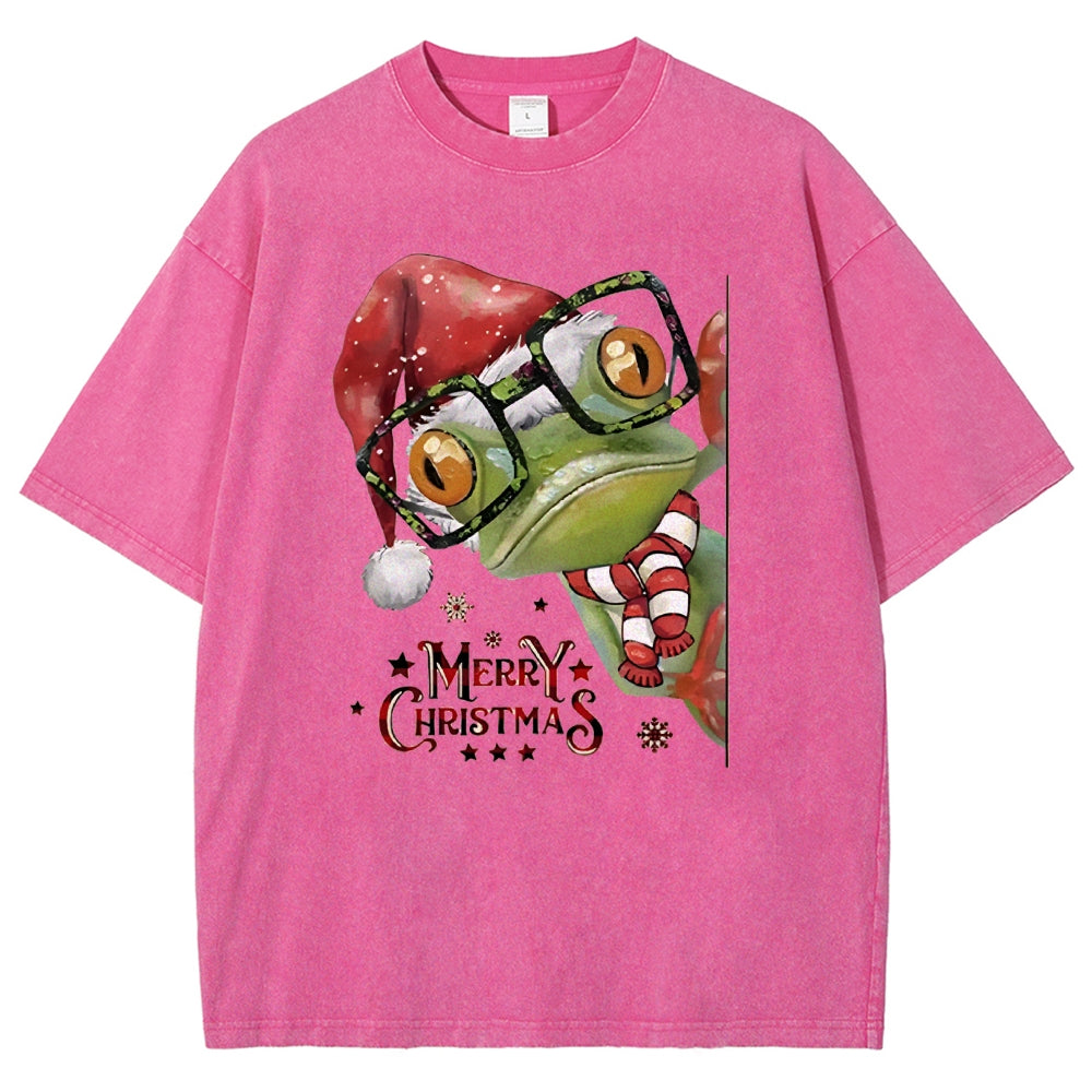 Unisex Christmas Frog Printed Washed Tee