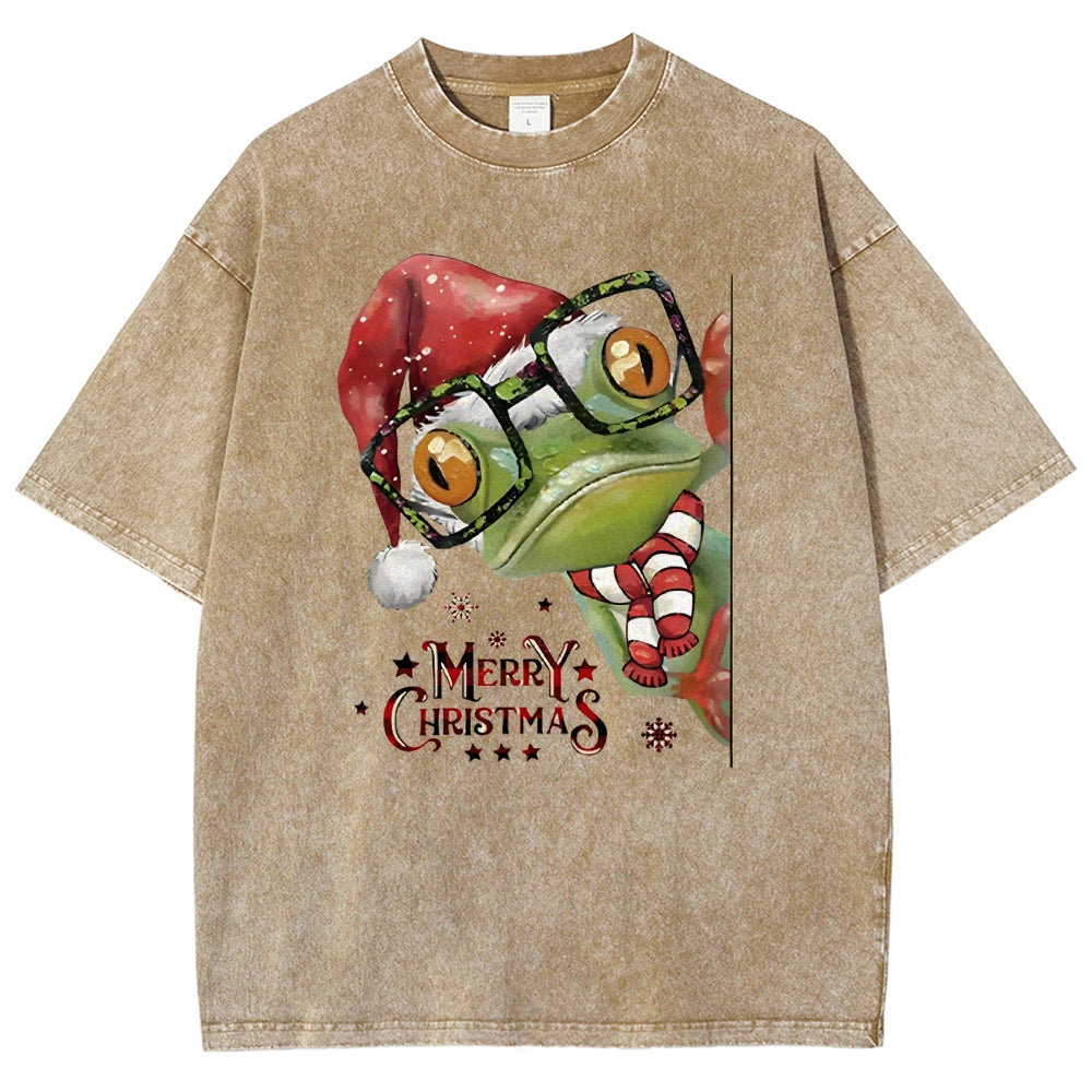 Unisex Christmas Frog Printed Washed Tee