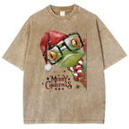 Unisex Christmas Frog Printed Washed Tee