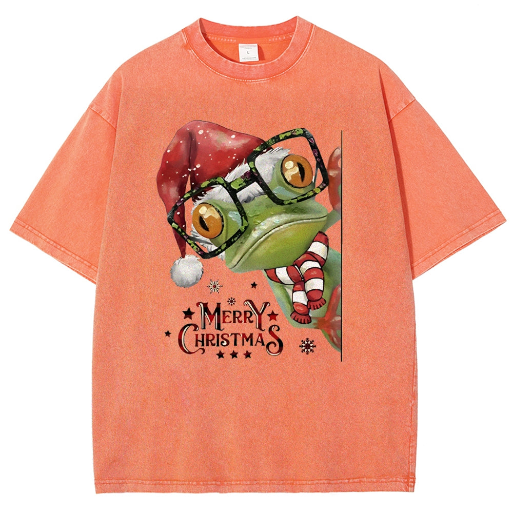 Unisex Christmas Frog Printed Washed Tee