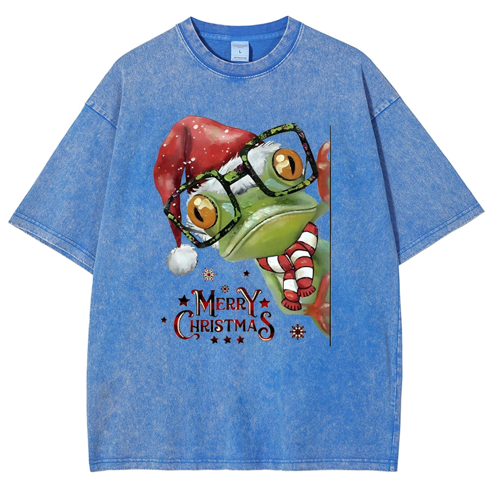 Unisex Christmas Frog Printed Washed Tee