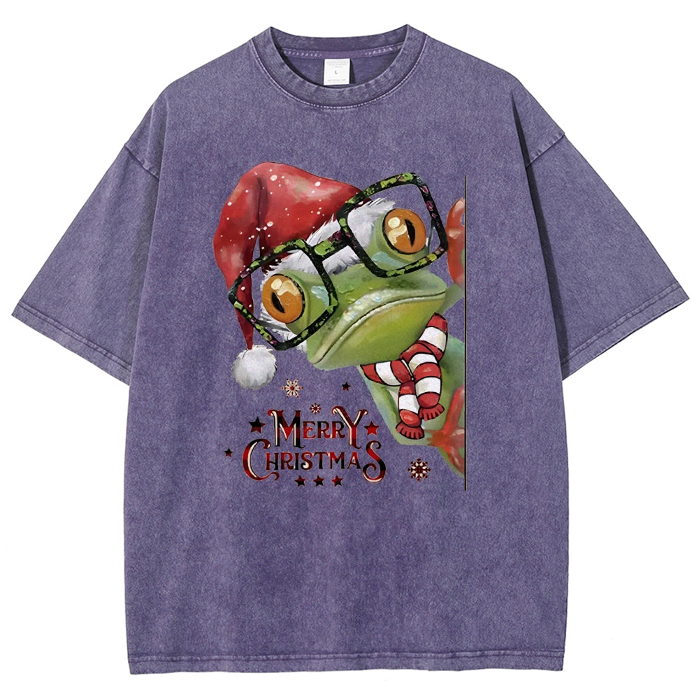 Unisex Christmas Frog Printed Washed Tee