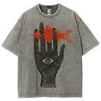 Unisex Artistic Eyes Hand Fish Printed Washed Tee