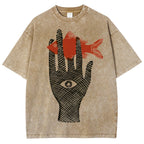Unisex Artistic Eyes Hand Fish Printed Washed Tee