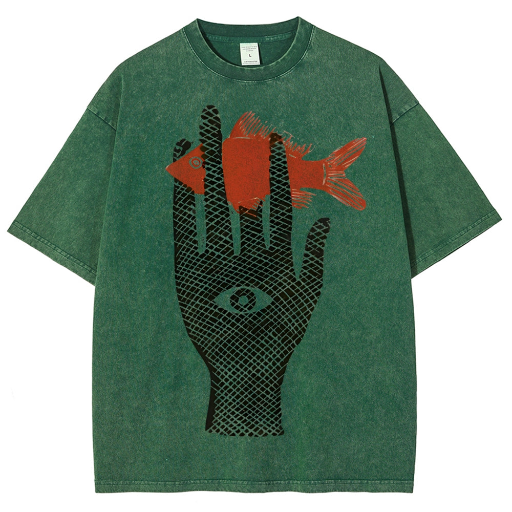 Unisex Artistic Eyes Hand Fish Printed Washed Tee