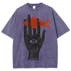 Unisex Artistic Eyes Hand Fish Printed Washed Tee