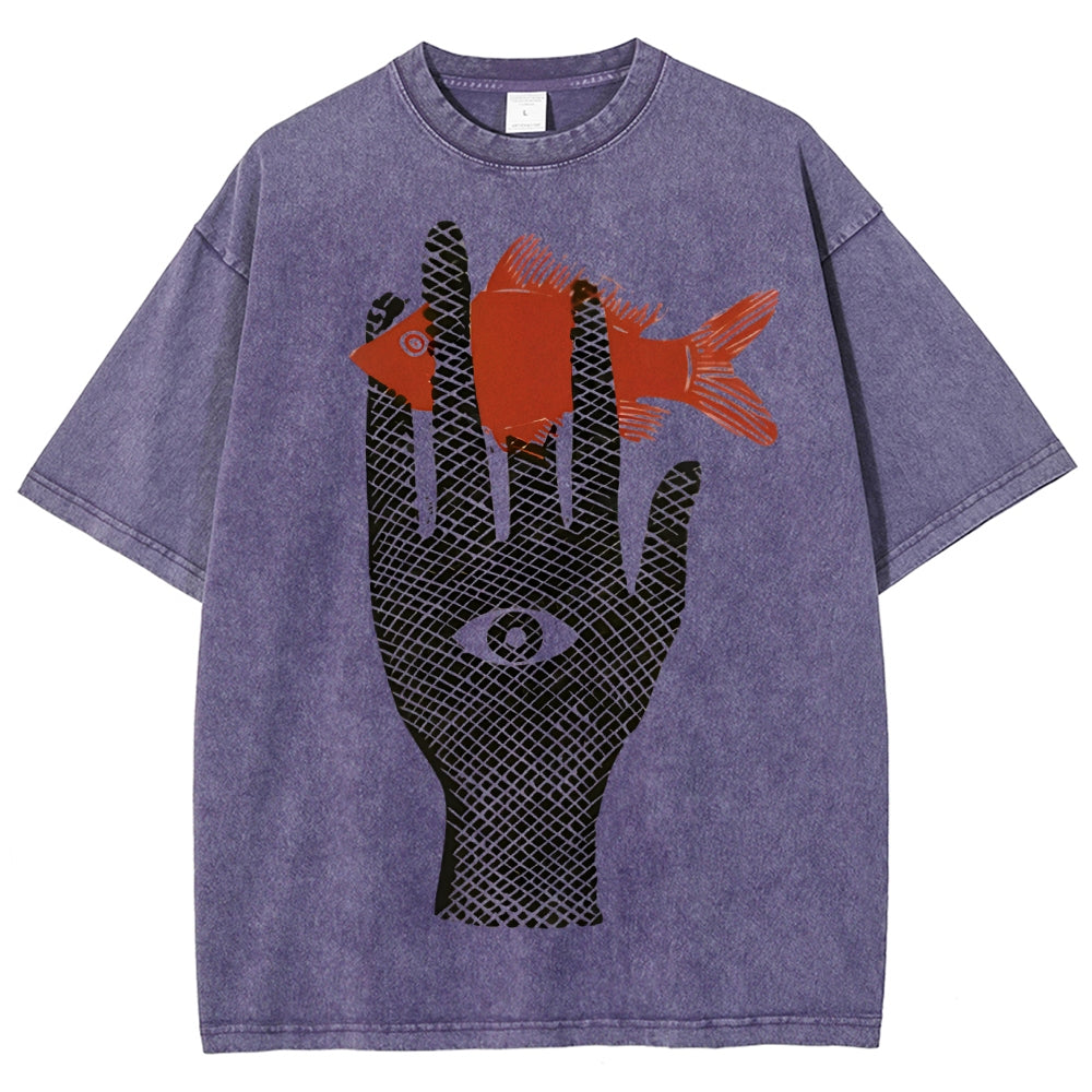 Unisex Artistic Eyes Hand Fish Printed Washed Tee