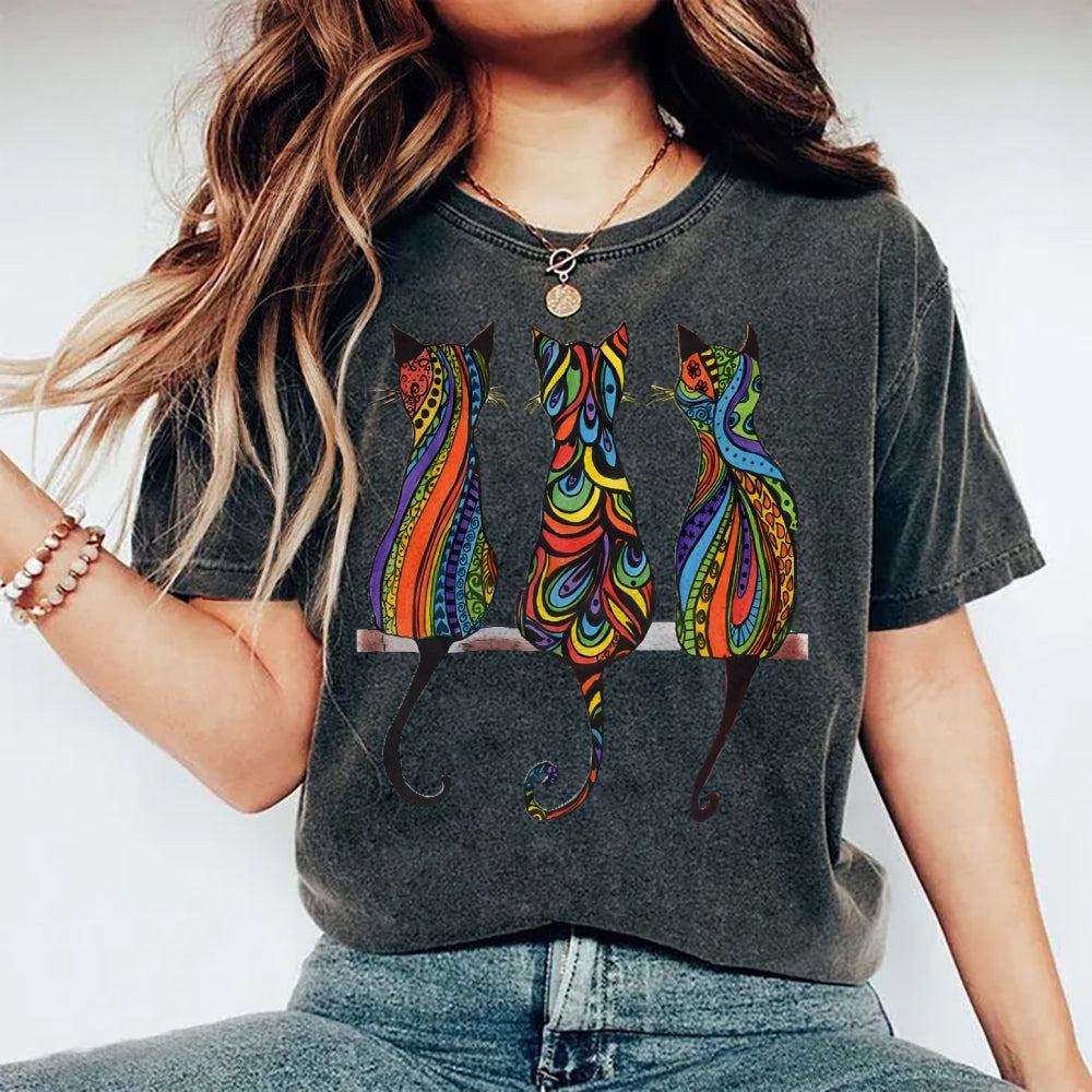 Unisex Colorful Geometric Cat Printed Washed Tee