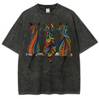 Unisex Colorful Geometric Cat Printed Washed Tee