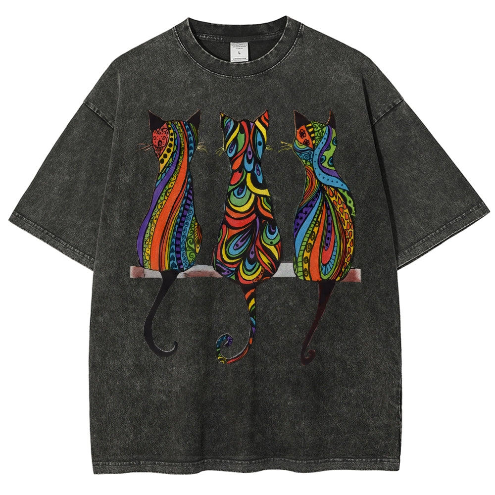 Unisex Colorful Geometric Cat Printed Washed Tee
