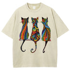 Unisex Colorful Geometric Cat Printed Washed Tee