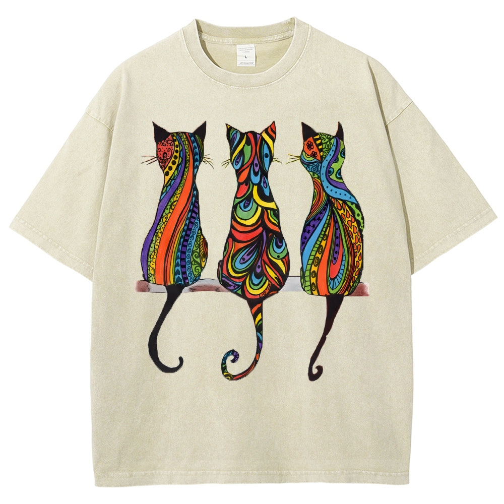 Unisex Colorful Geometric Cat Printed Washed Tee