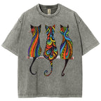 Unisex Colorful Geometric Cat Printed Washed Tee