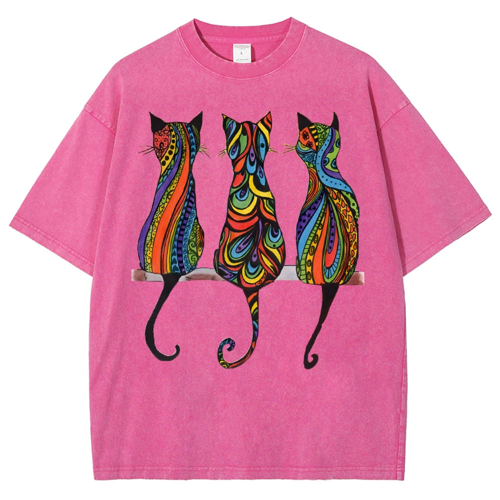 Unisex Colorful Geometric Cat Printed Washed Tee