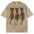 Unisex Colorful Geometric Cat Printed Washed Tee