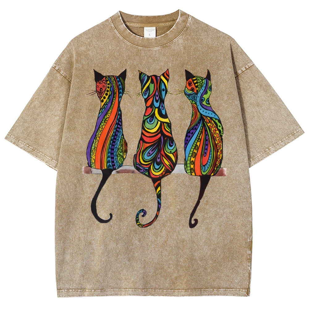 Unisex Colorful Geometric Cat Printed Washed Tee