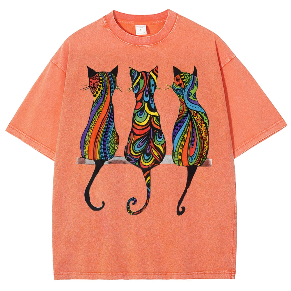 Unisex Colorful Geometric Cat Printed Washed Tee