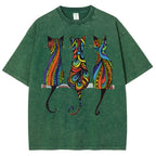Unisex Colorful Geometric Cat Printed Washed Tee