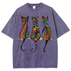 Unisex Colorful Geometric Cat Printed Washed Tee