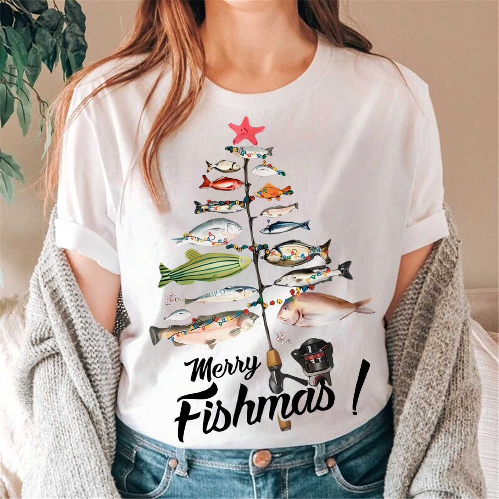 Women's Cotton Merry Fishmas Printed Casual T-Shirt