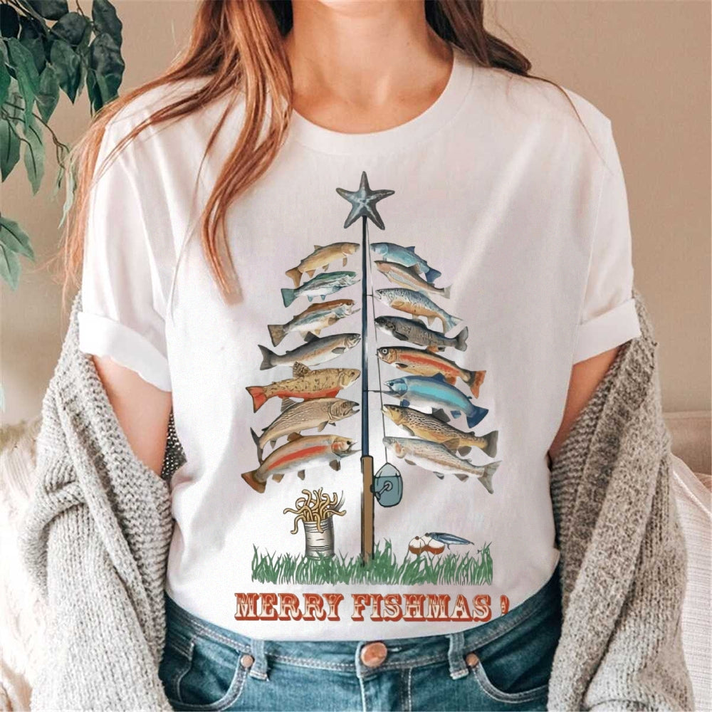Women's Cotton Merry Fishmas Printed Casual T-Shirt