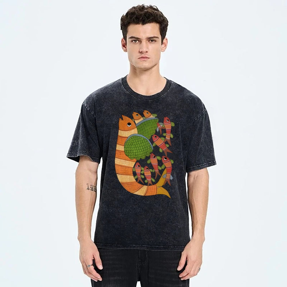 Unisex Vintage Fish Printed Washed Tee