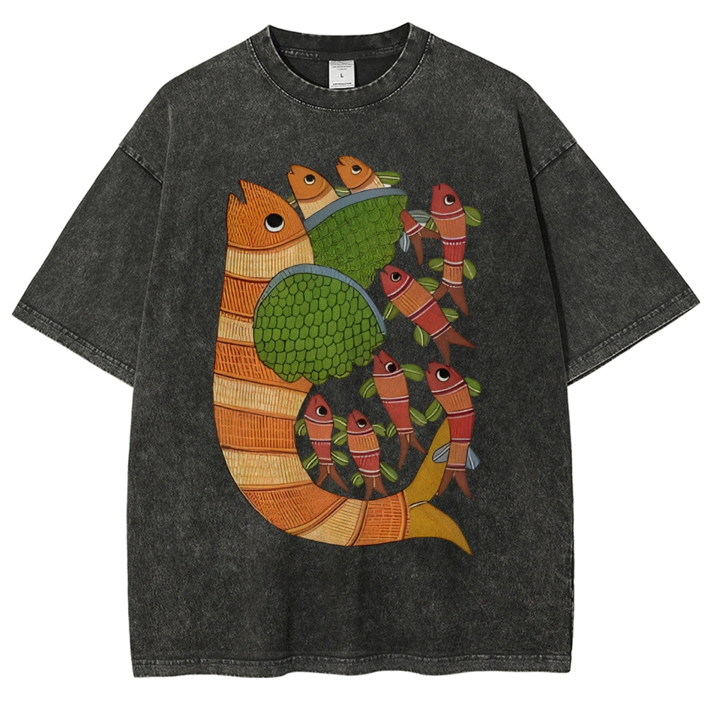 Unisex Vintage Fish Printed Washed Tee